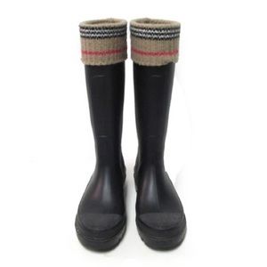 Burberry Black Rubber Knit Cuff Rain Boots